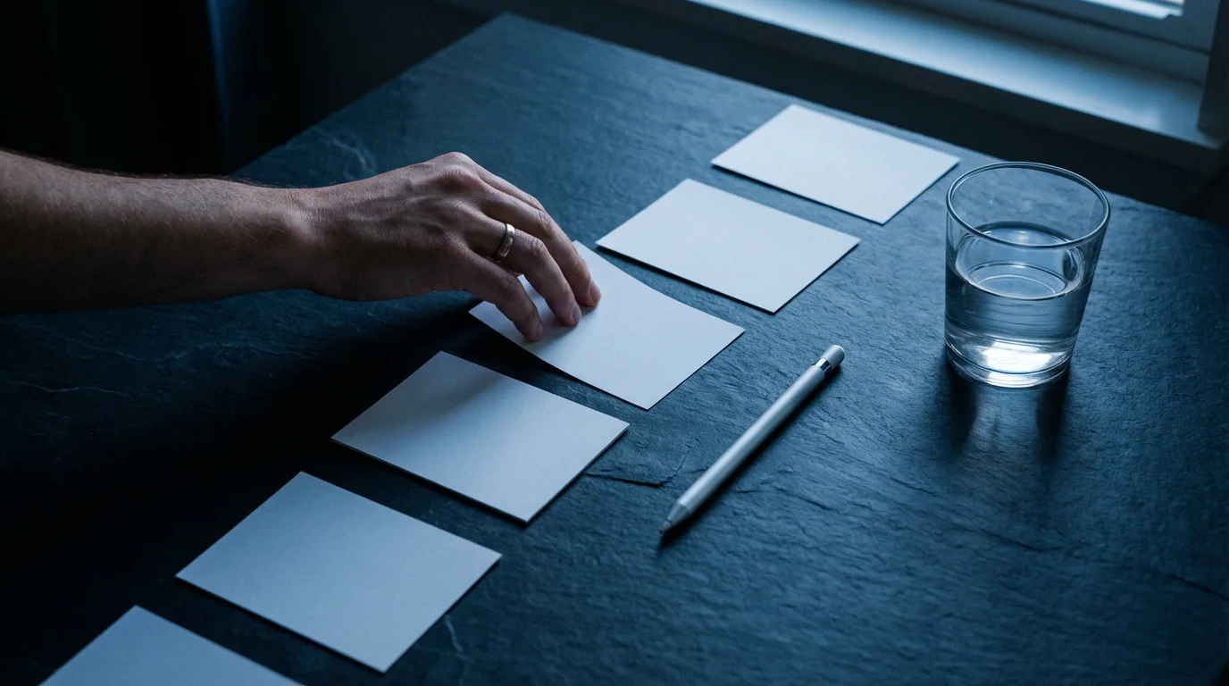 Overhead view of hands rearranging blank index cards on a desk in blue evening light.