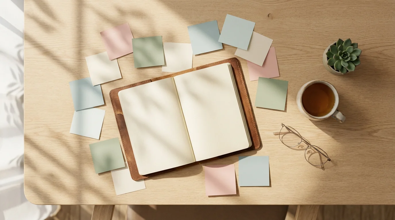 Overhead view of minimalist desk with notebook, sticky notes, and tea in natural light.