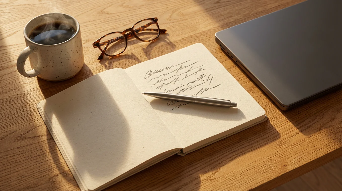 Overhead view of organized desk with notebook and coffee in warm morning sunlight.