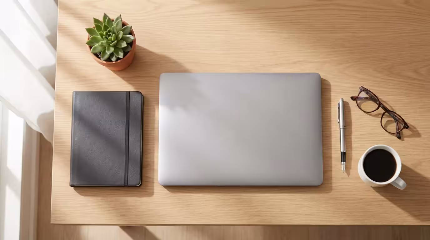 Overhead view of organized modern desk with laptop notebook and coffee representing professional focus