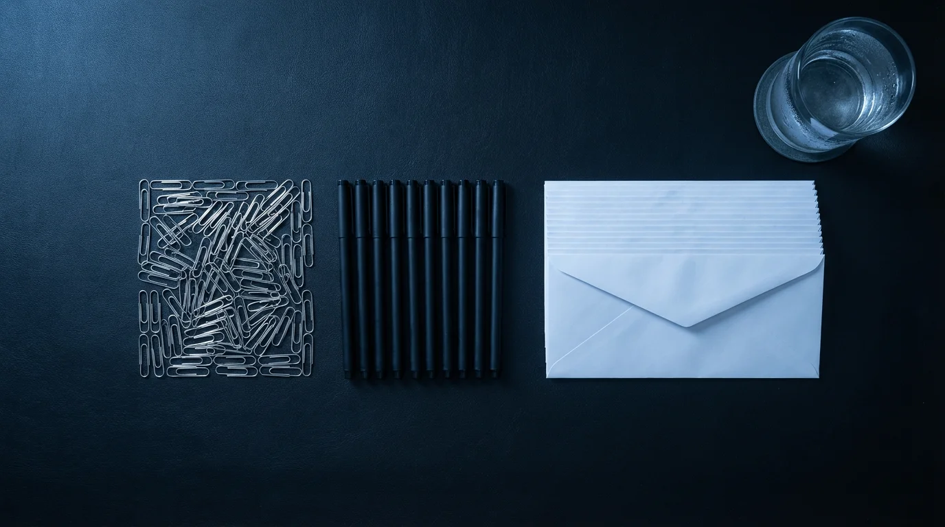 Overhead view of organized office supplies grouped by type on a dark desk during blue hour.