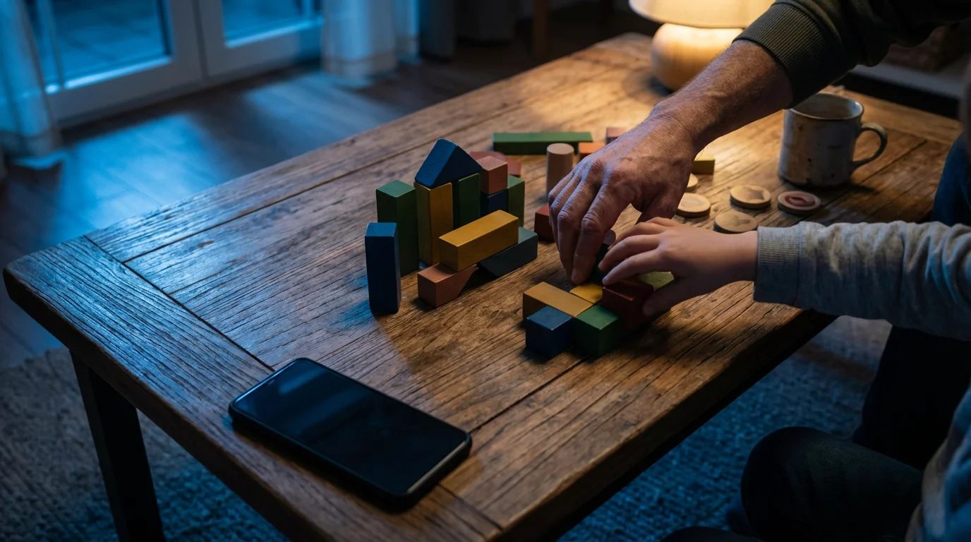 Overhead view of parent and child hands playing a game at a table during blue hour.