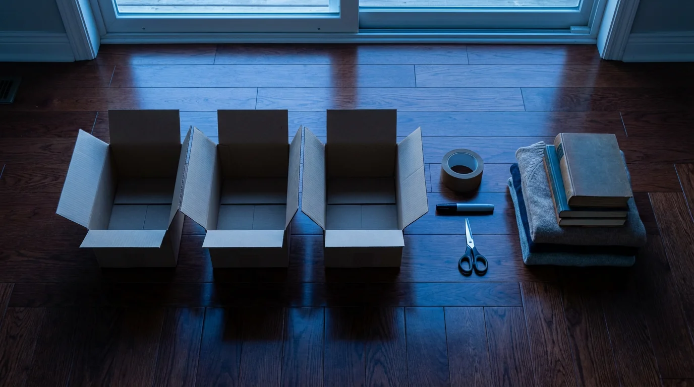 Overhead view of three cardboard boxes and sorting tools arranged on a wooden floor.
