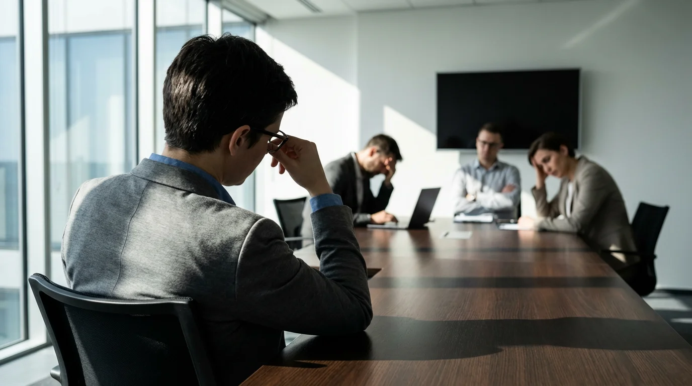 Overwhelmed professional rubbing nose in a stressful, sunlit business meeting.