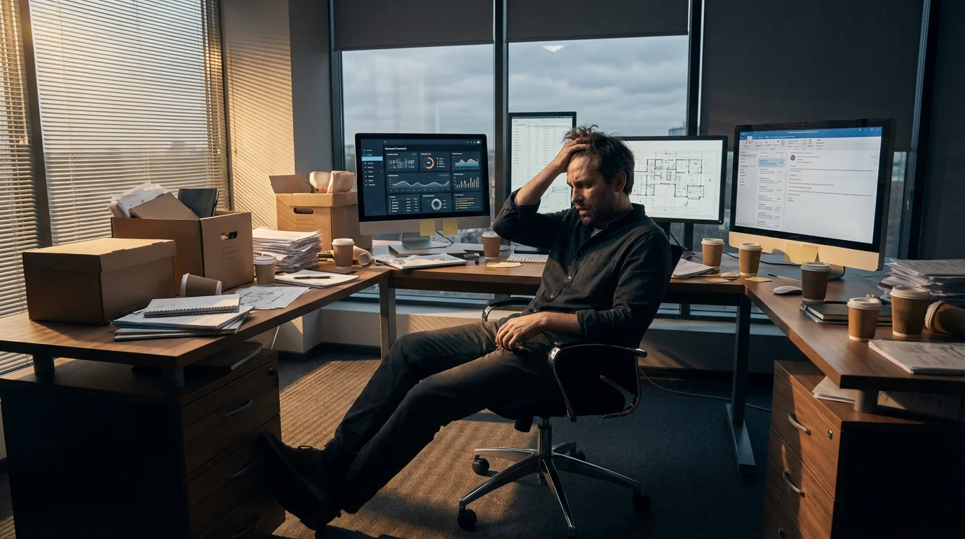 Overwhelmed professional sitting at a chaotic desk under dramatic afternoon light and long shadows.