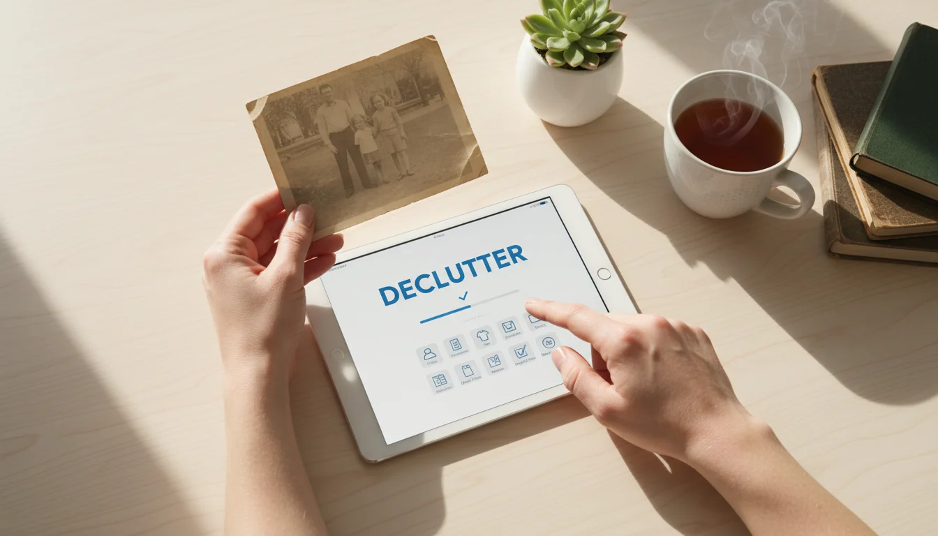A pair of hands holds a sentimental photograph, next to a tablet displaying a decluttering decision flowchart on a light wooden desk.
