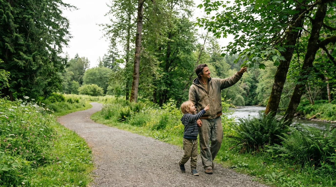 Parent and child enjoying a device-free nature walk in a green park.