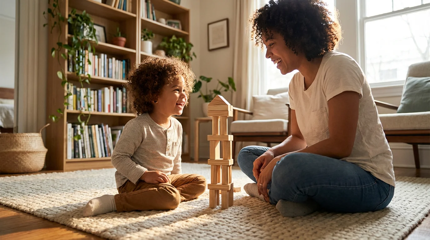 Parent and child playing with wooden blocks on living room floor during sunny morning.