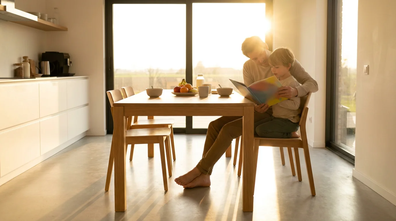 Parent and child sharing a calm, intentional breakfast during the golden hour in a modern kitchen.