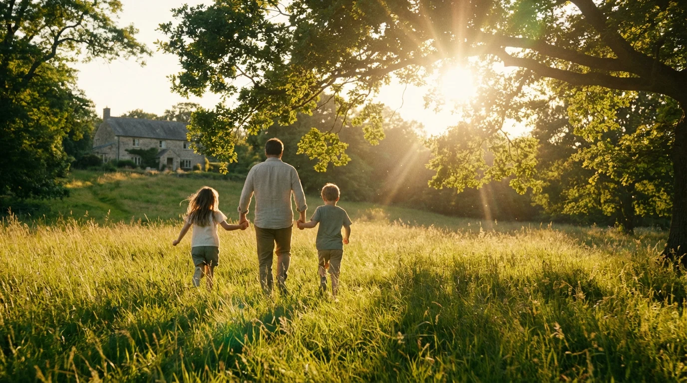 Parent and children running in a grassy field during a golden sunset, enjoying family time.