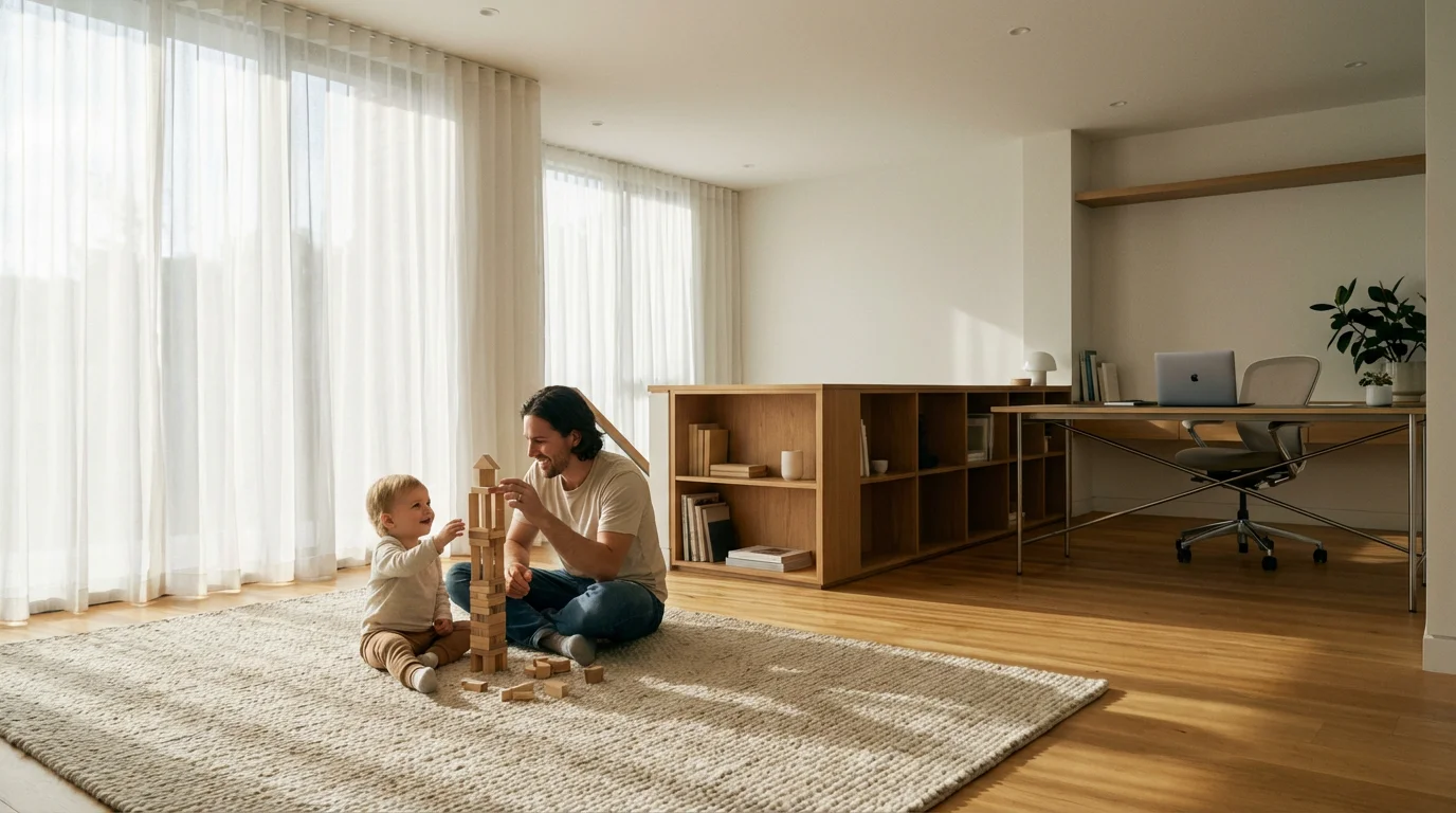 Parent playing with toddler on floor with neat home office visible in background.
