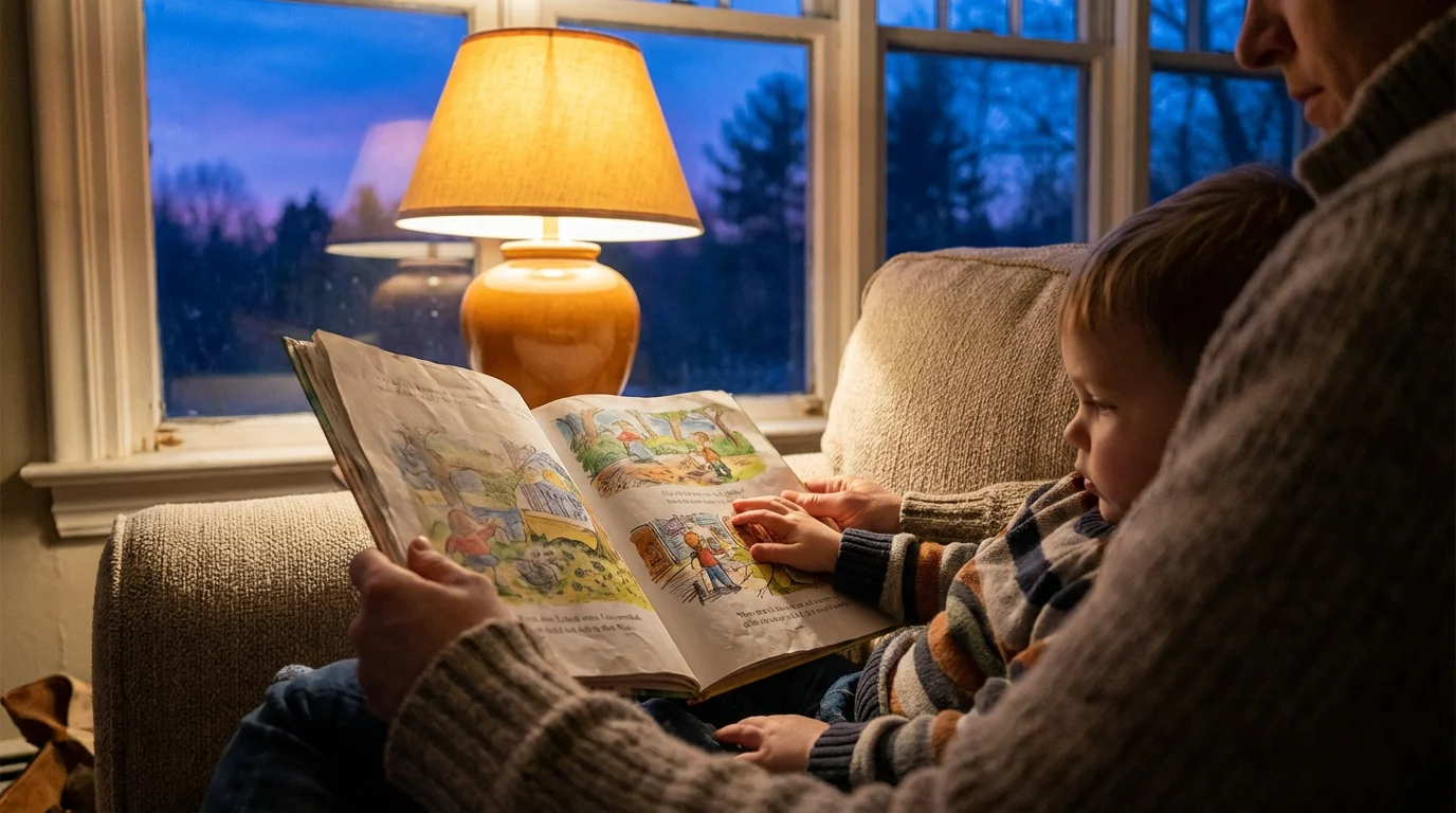 Parent reading book to child on sofa during evening blue hour, cozy and device-free.