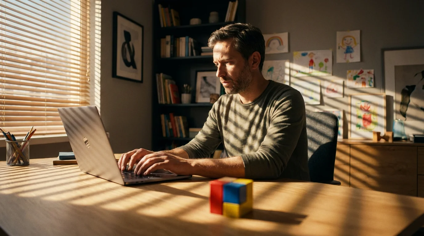 Parent working at home desk with sunlight shadows and a small toy in foreground.