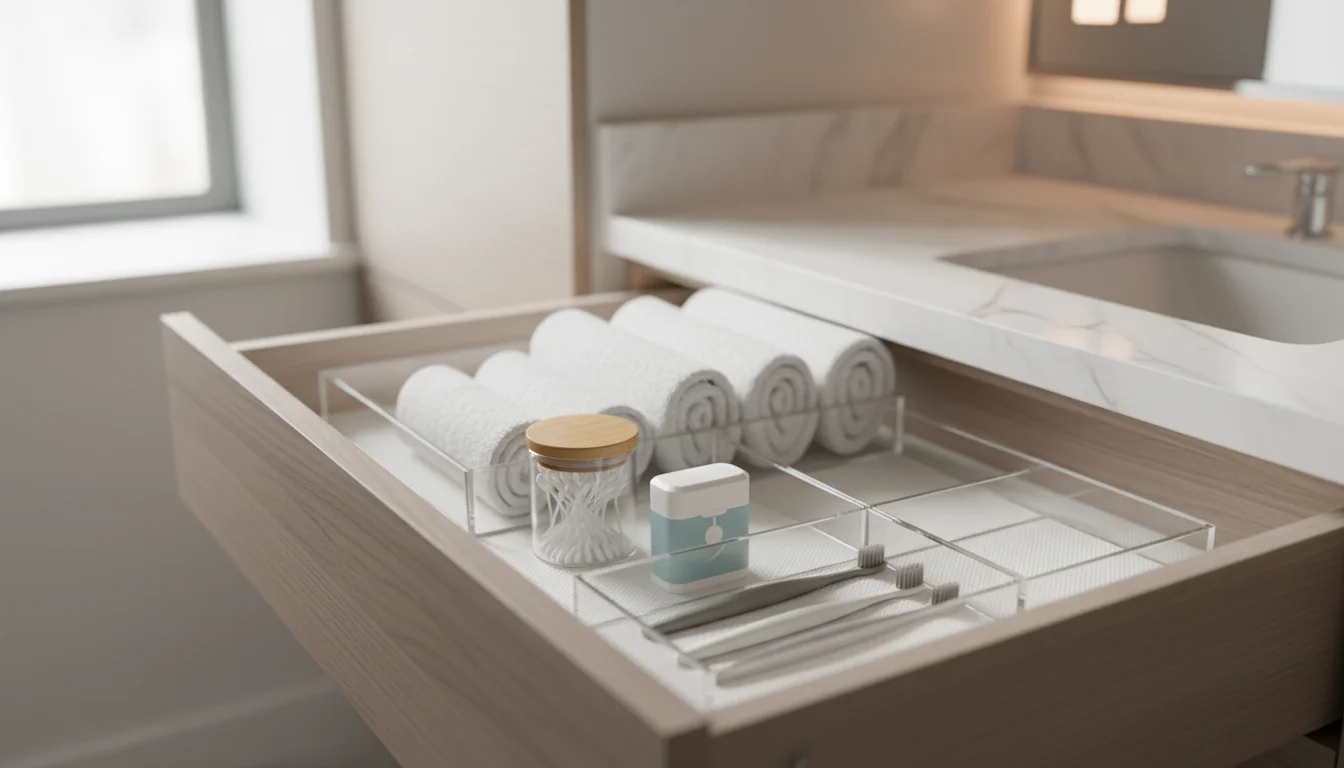 A partially open bathroom vanity drawer reveals clear organizers holding neatly rolled white face towels, cotton swabs, and toothbrushes.