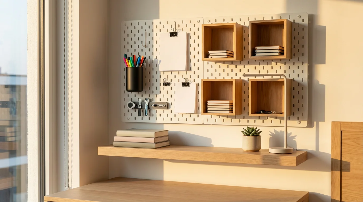 Pegboard and floating shelves organizing office supplies above a compact desk in warm golden hour light.