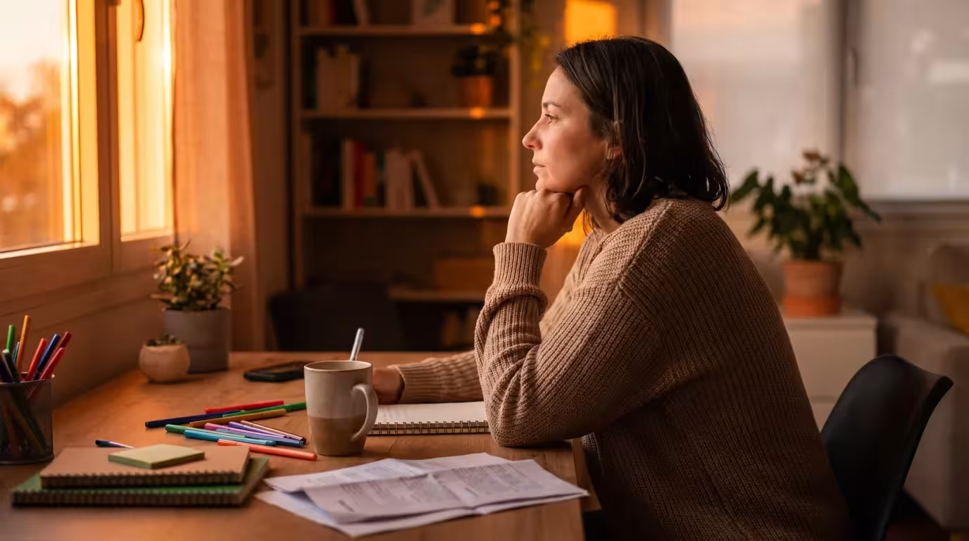 Pensive remote worker at desk during golden hour reflecting on time management challenges.