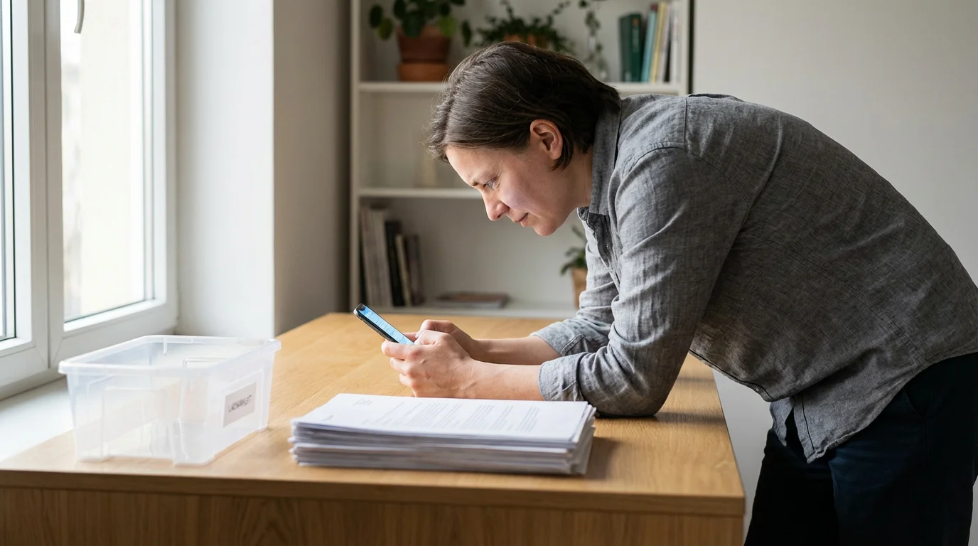 Person absorbed by a glowing smartphone while failing to maintain focus during an organization project.
