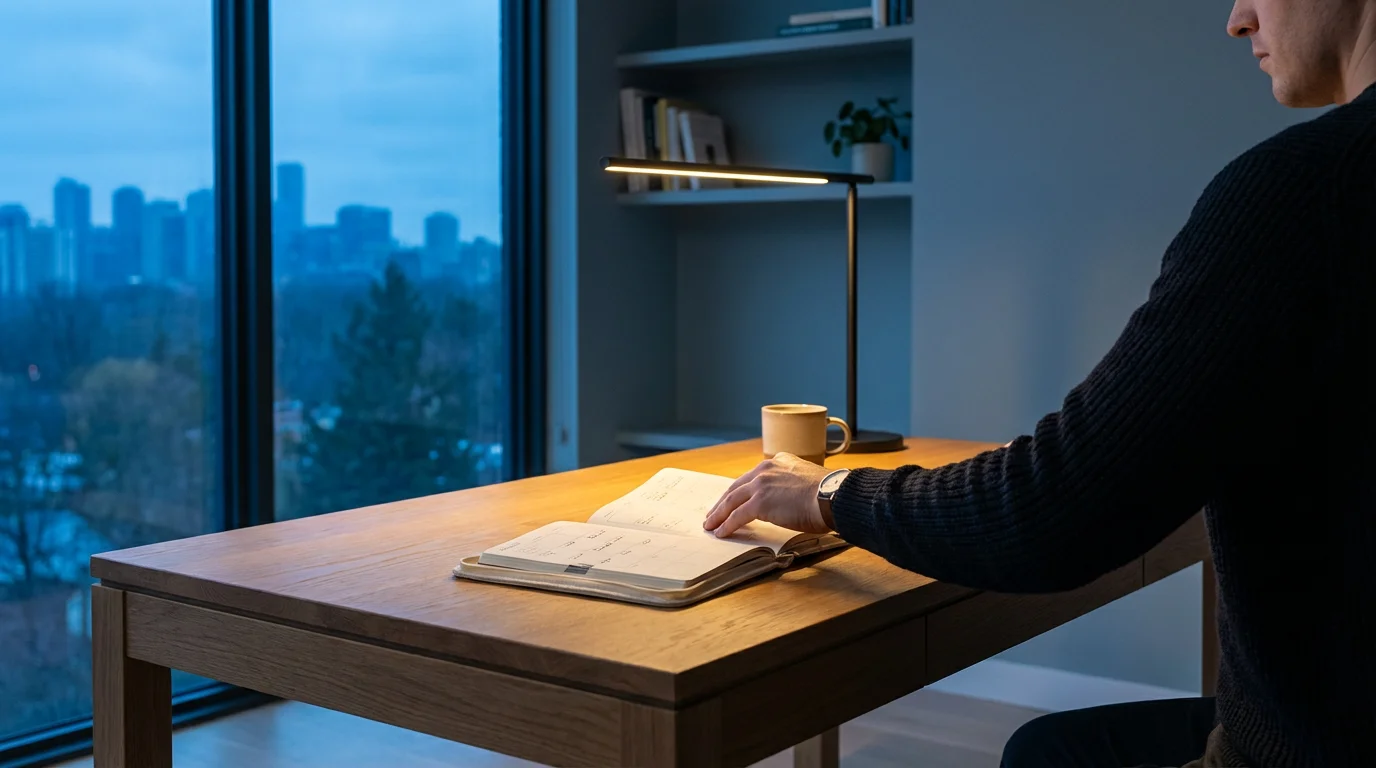Person adjusting a journal on a desk, setting the environment for a new habit during blue hour.