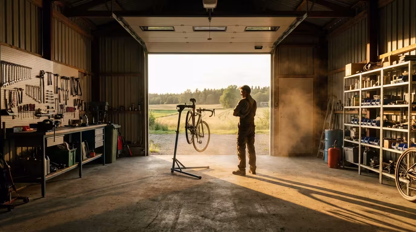Person analyzing a bicycle repair in a sunlit garage workshop during golden hour.