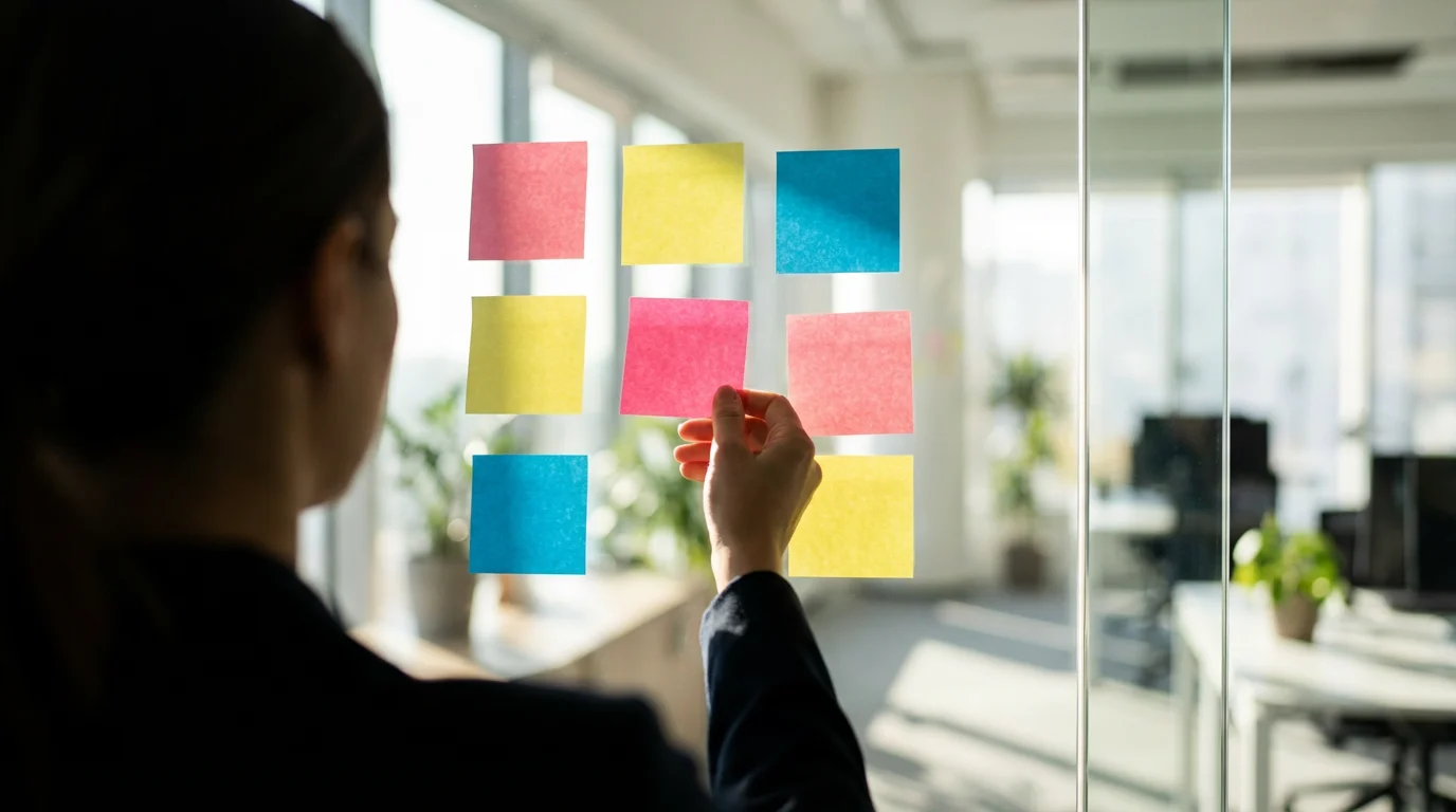 Person arranging blank colored sticky notes on a glass wall in a sunlit office.