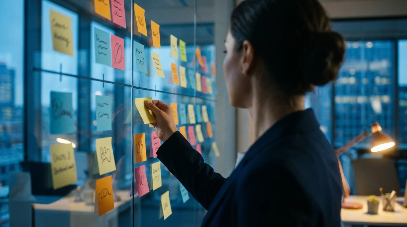 Person arranging sticky notes on a glass wall during the evening to sequence tasks.