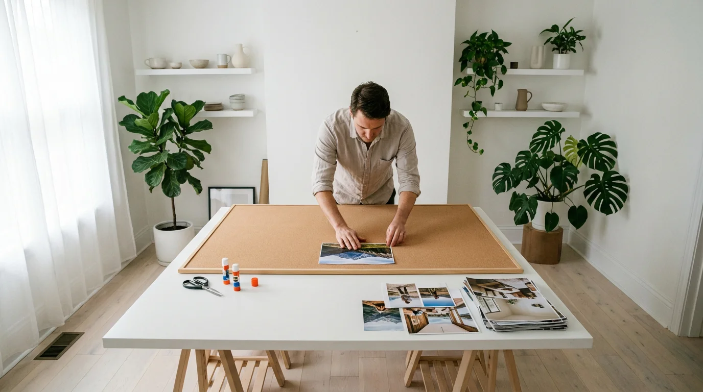 Person assembling a large cork vision board in a bright, plant-filled home studio.