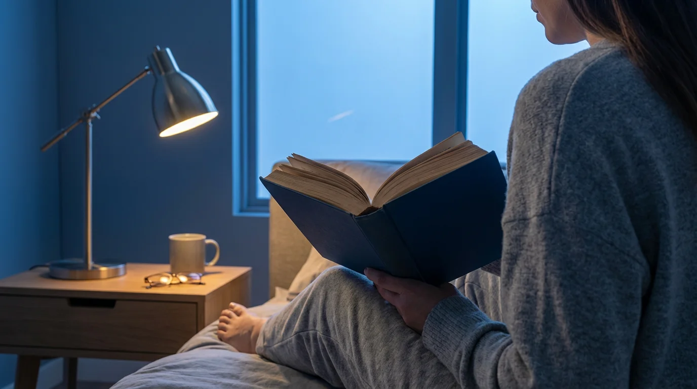 Person beginning a daily reading ritual on a cozy bed during blue hour, illuminated by a warm lamp.