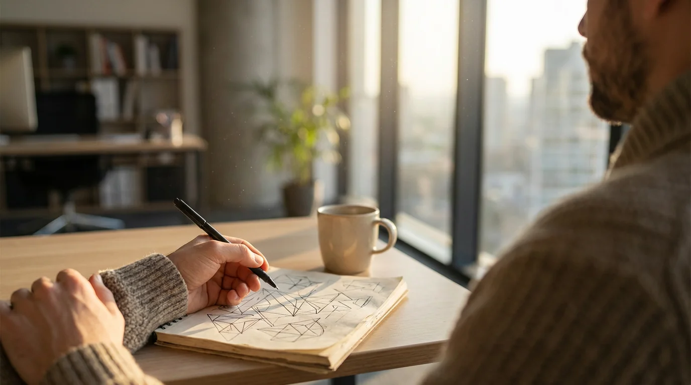 Person brainstorming with notebook in sunlit office, over-the-shoulder perspective.