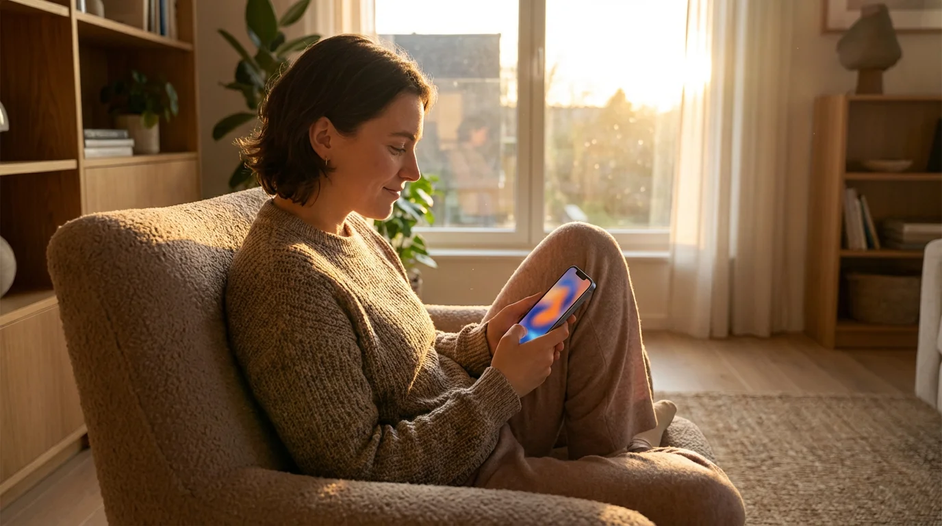 Person calmly observes scrolling on a phone during warm golden hour light.