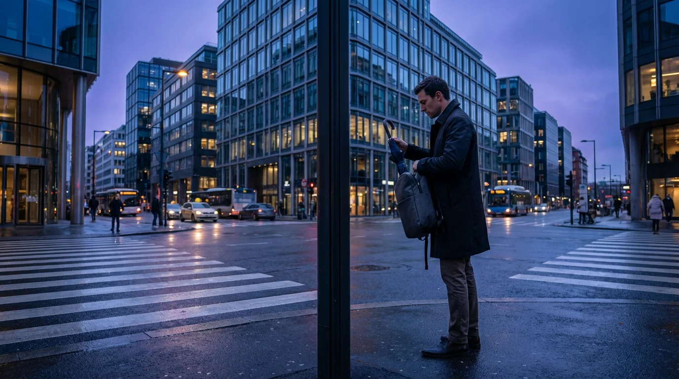 Person calmly retrieving a rain jacket from a bag on a wet city street at blue hour.