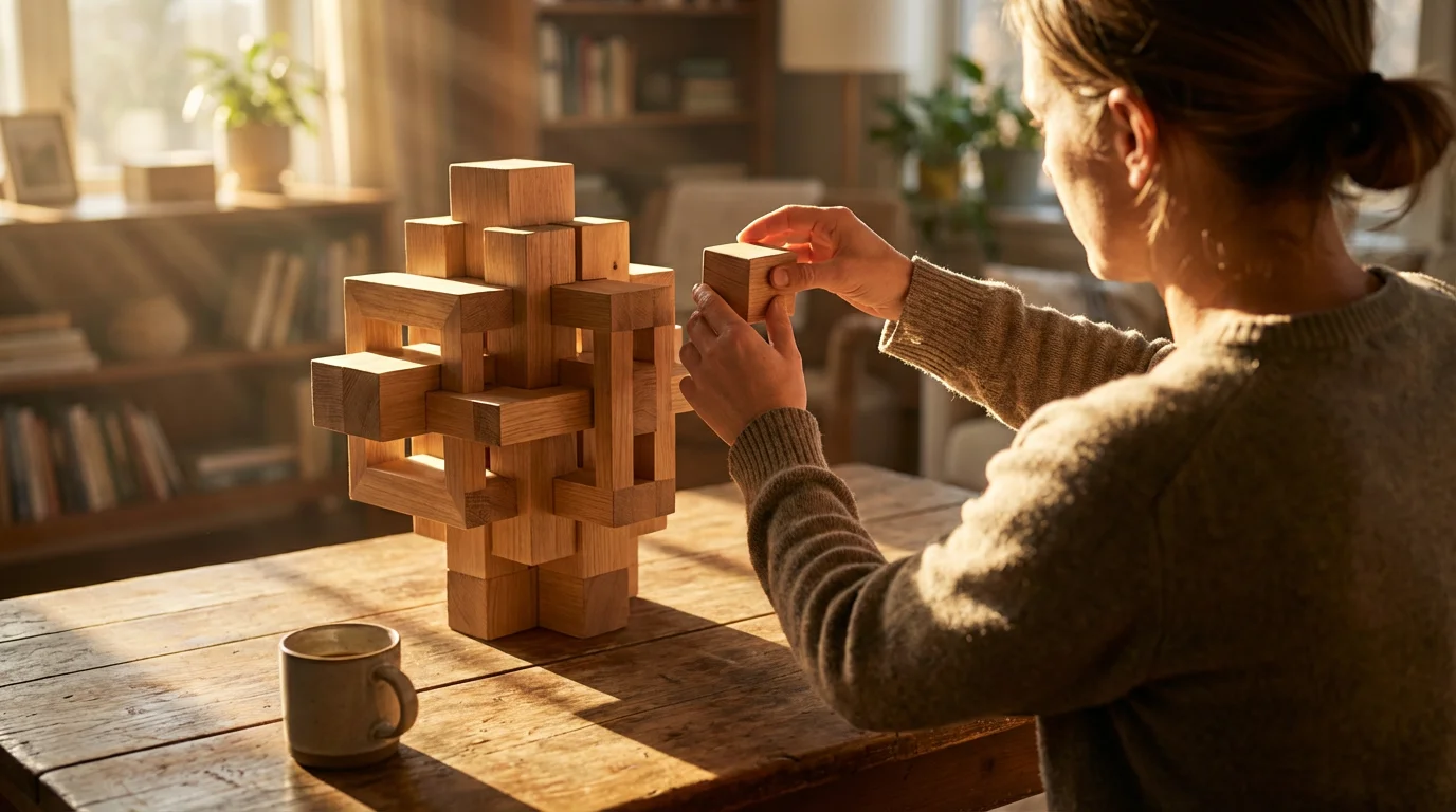 Person celebrating progress by placing the final piece into a complex wooden model.