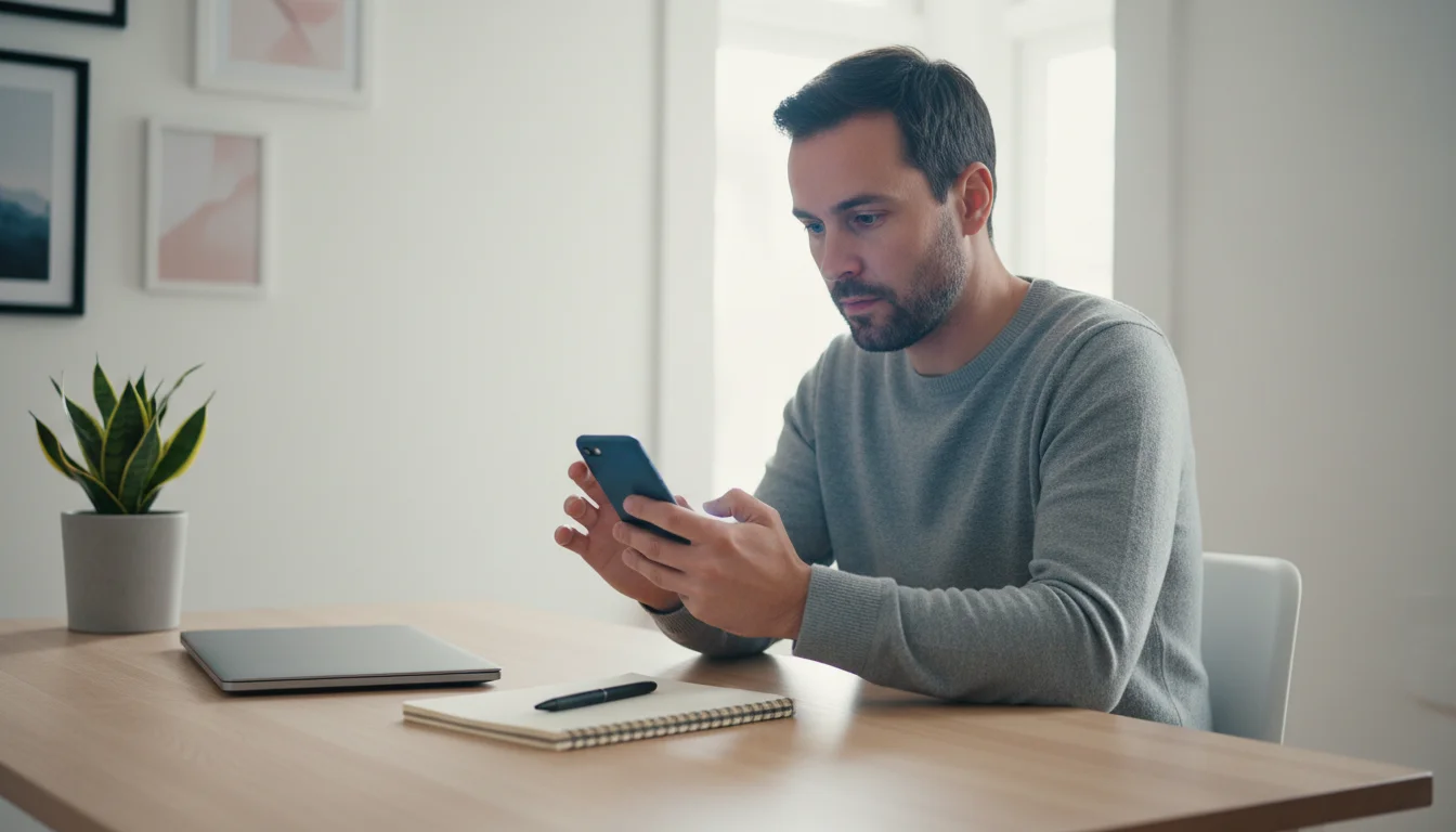 A person at a clean desk deeply focused on a smartphone held in both hands, scrolling, with a laptop and plant in the background.