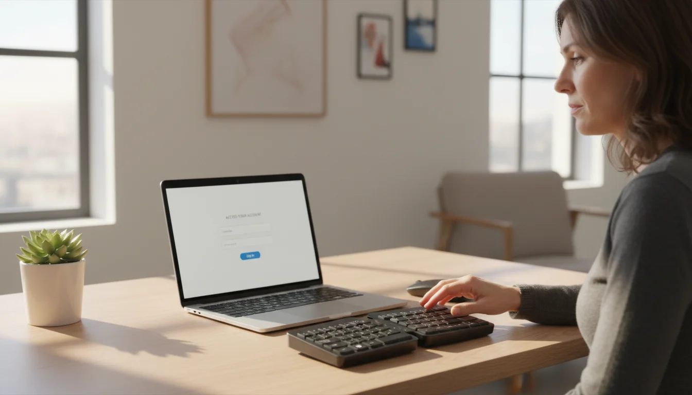 Person at a clean desk, hand hovering over a laptop keyboard with a login screen, looking thoughtful.