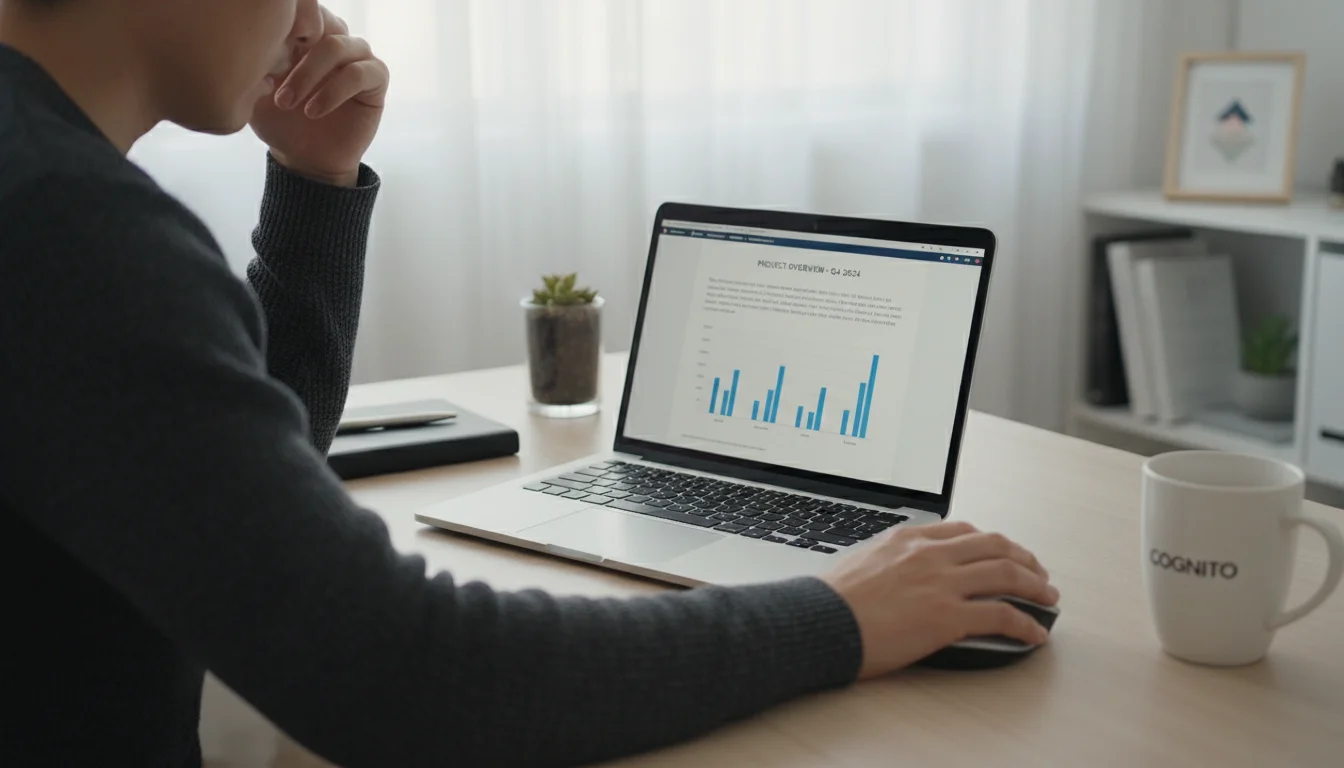 Person at a clean desk, hand on temple, looking pensive at an open laptop and planner.