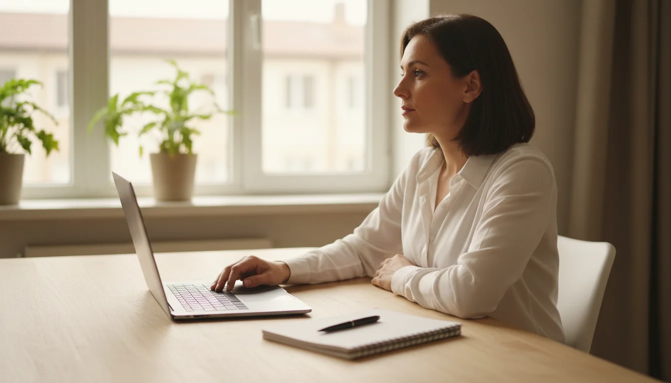 Person at a clean wooden desk, looking contemplatively away from a laptop.