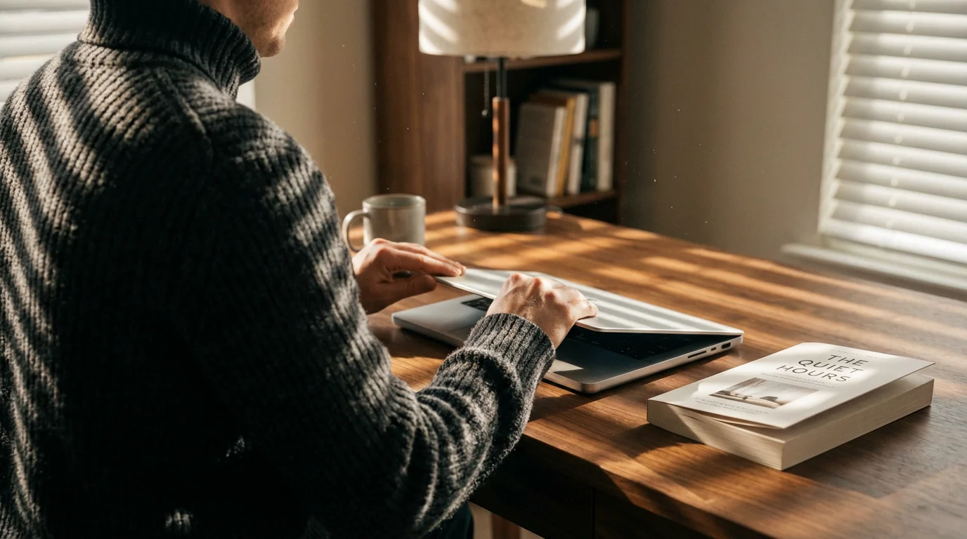Person closing laptop at desk during moody afternoon to set digital boundaries.