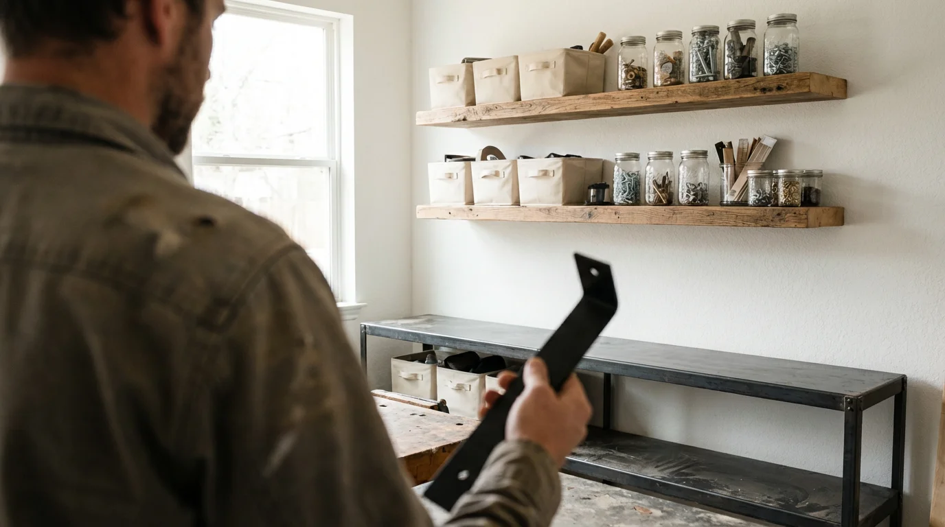 Person comparing wooden shelves and metal brackets for vertical storage organization.