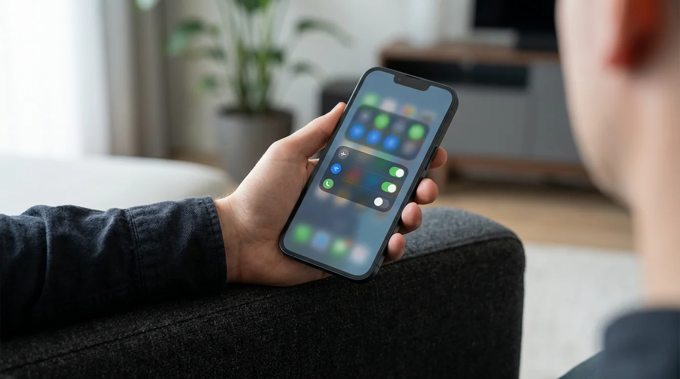 Person configuring smartphone priority settings in a calm living room, over-the-shoulder view.