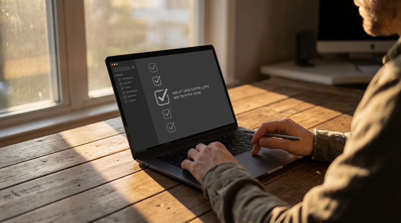 Person confirming a daily action item as complete on a dark-mode laptop during golden hour.