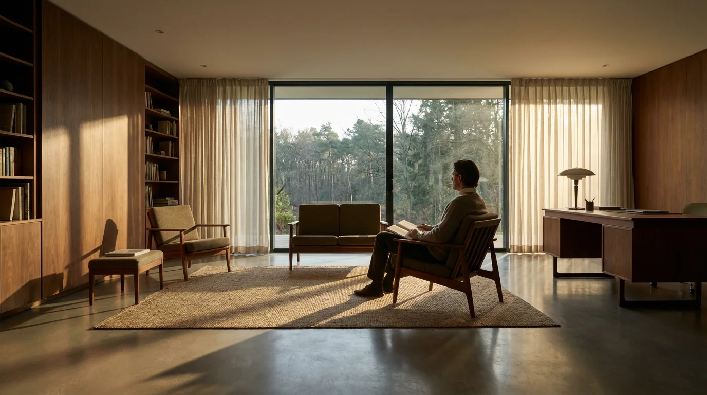Person contemplating work habits in a sunlit modern home environment with dramatic shadows