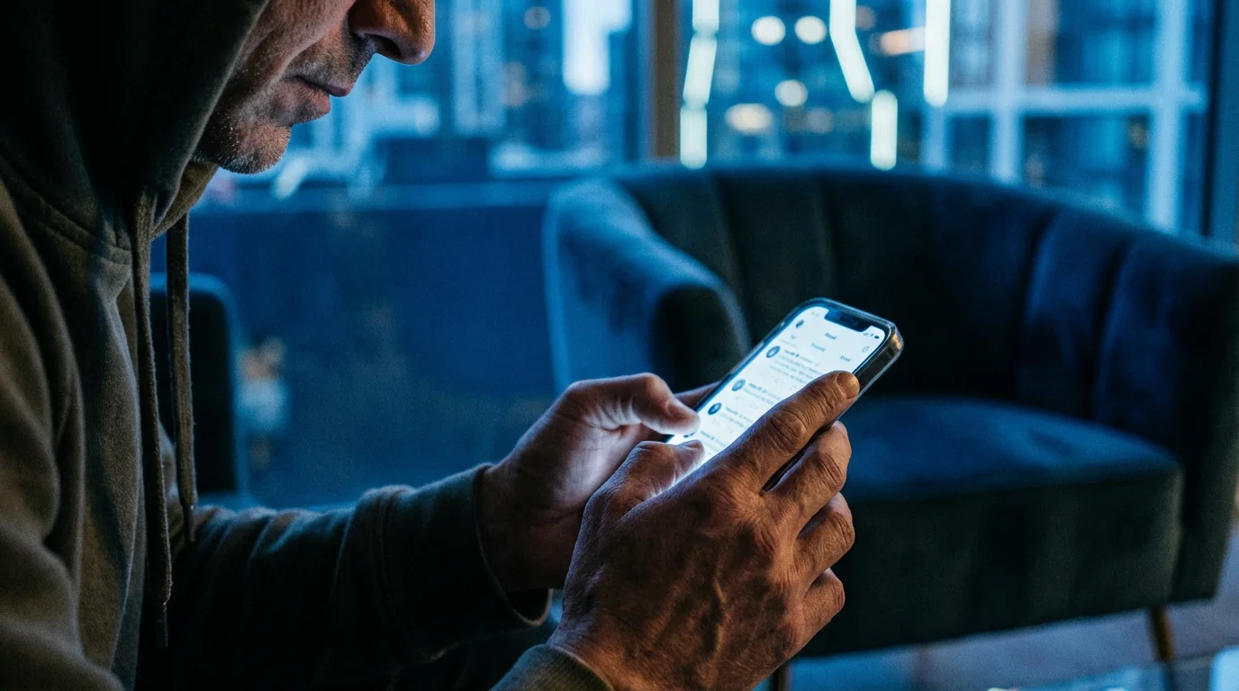 Person deeply absorbed, scrolling smartphone screen glow during blue hour, low angle shot.