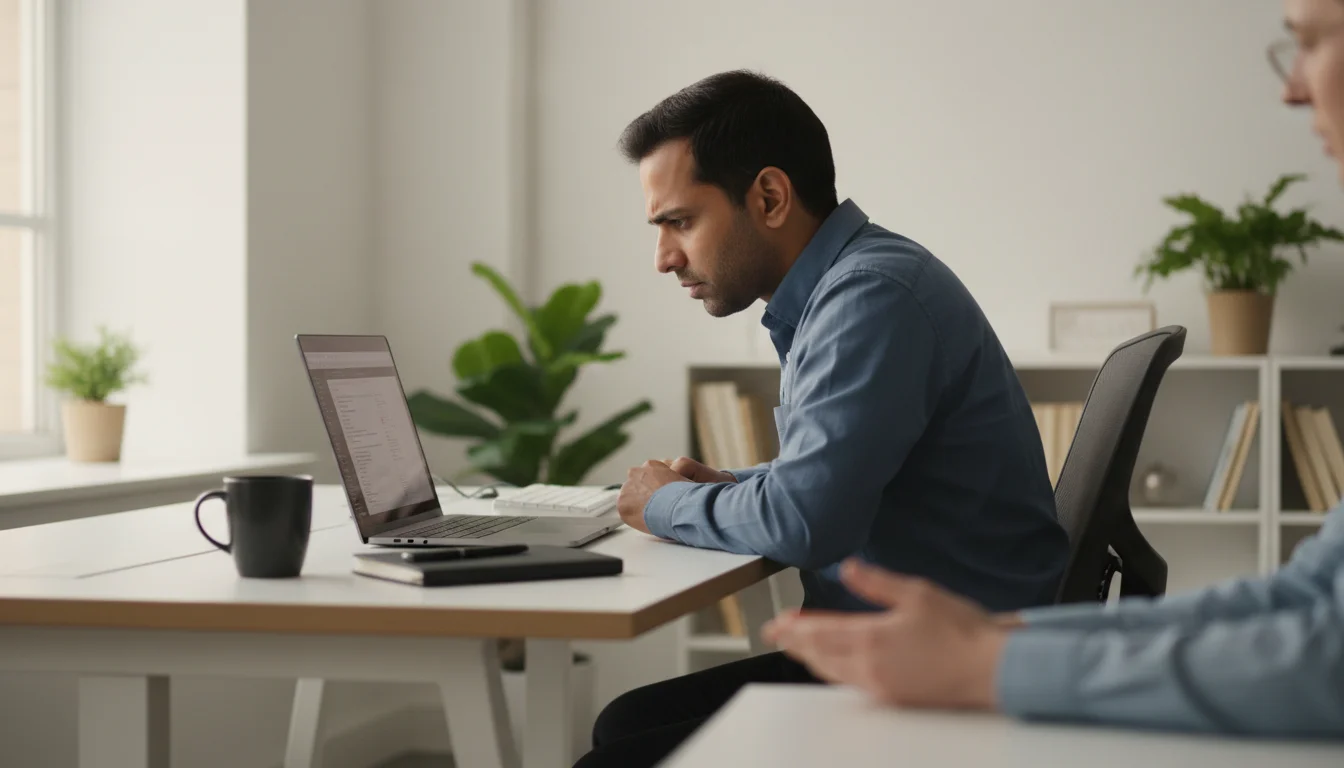 A person deeply focused on a laptop at a clean desk, unaware of a hand reaching towards them.