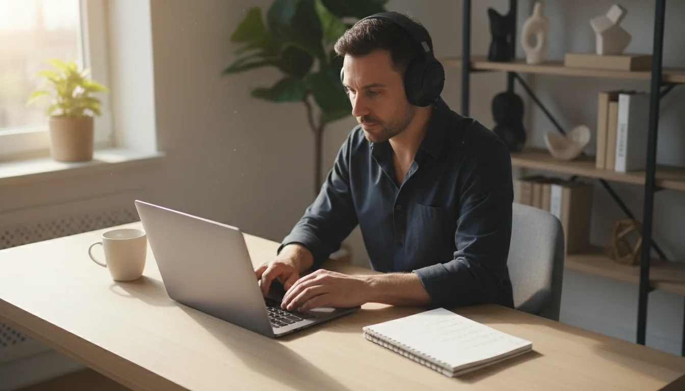 Person deeply focused on a laptop at a minimalist home office desk bathed in natural light.