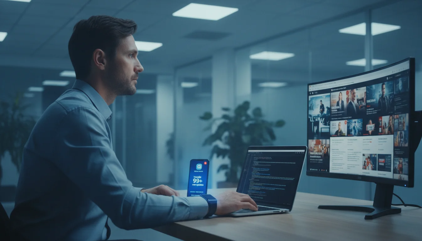 A person at a desk looks unfocused at a laptop screen while digital notifications glow on a nearby phone and smartwatch.