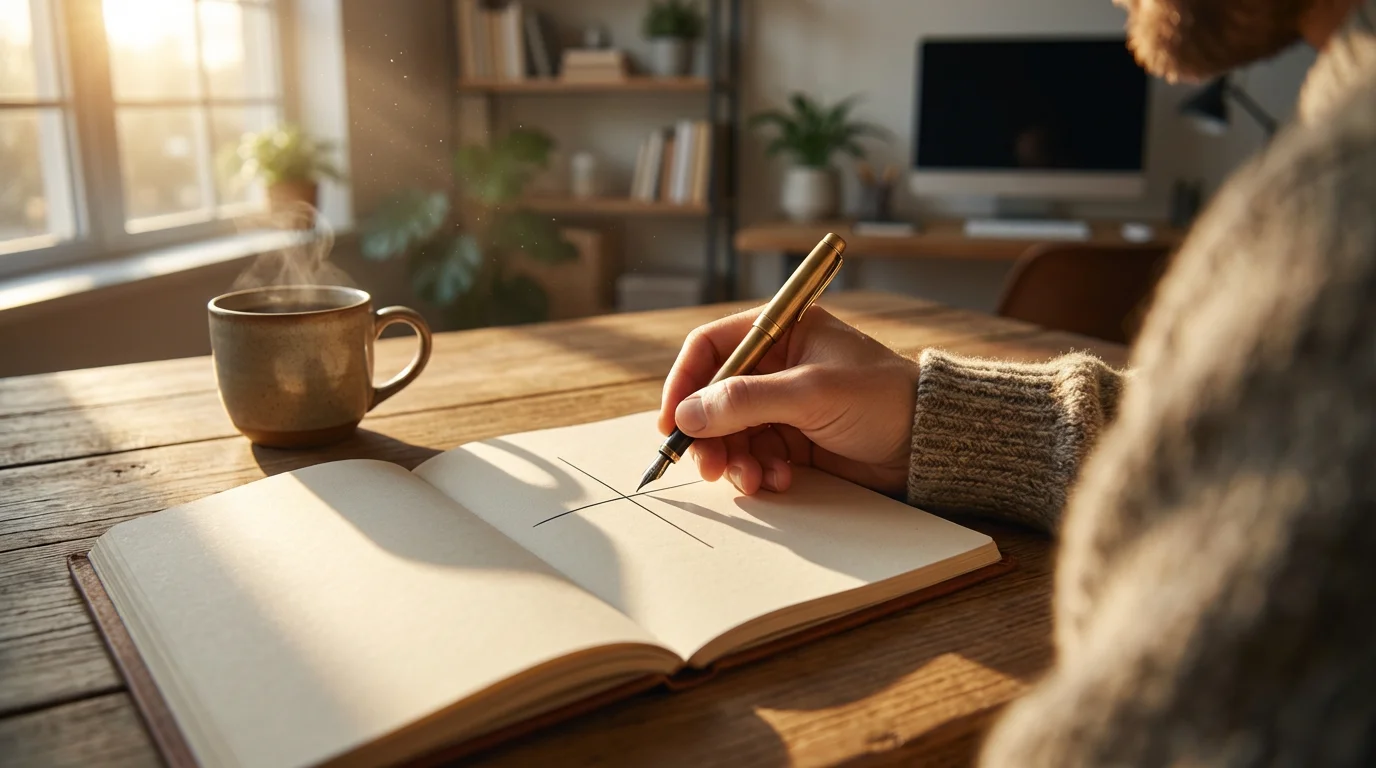Person drawing a four-quadrant grid in a notebook at a desk during golden hour.