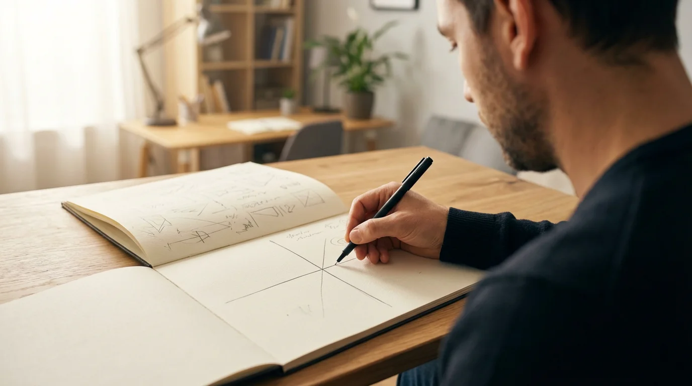 Person drawing a prioritization grid in a notebook under natural window light.