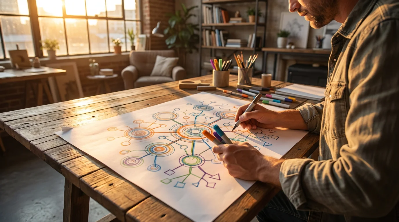 Person drawing abstract colorful mind map diagram on paper at desk during golden hour.