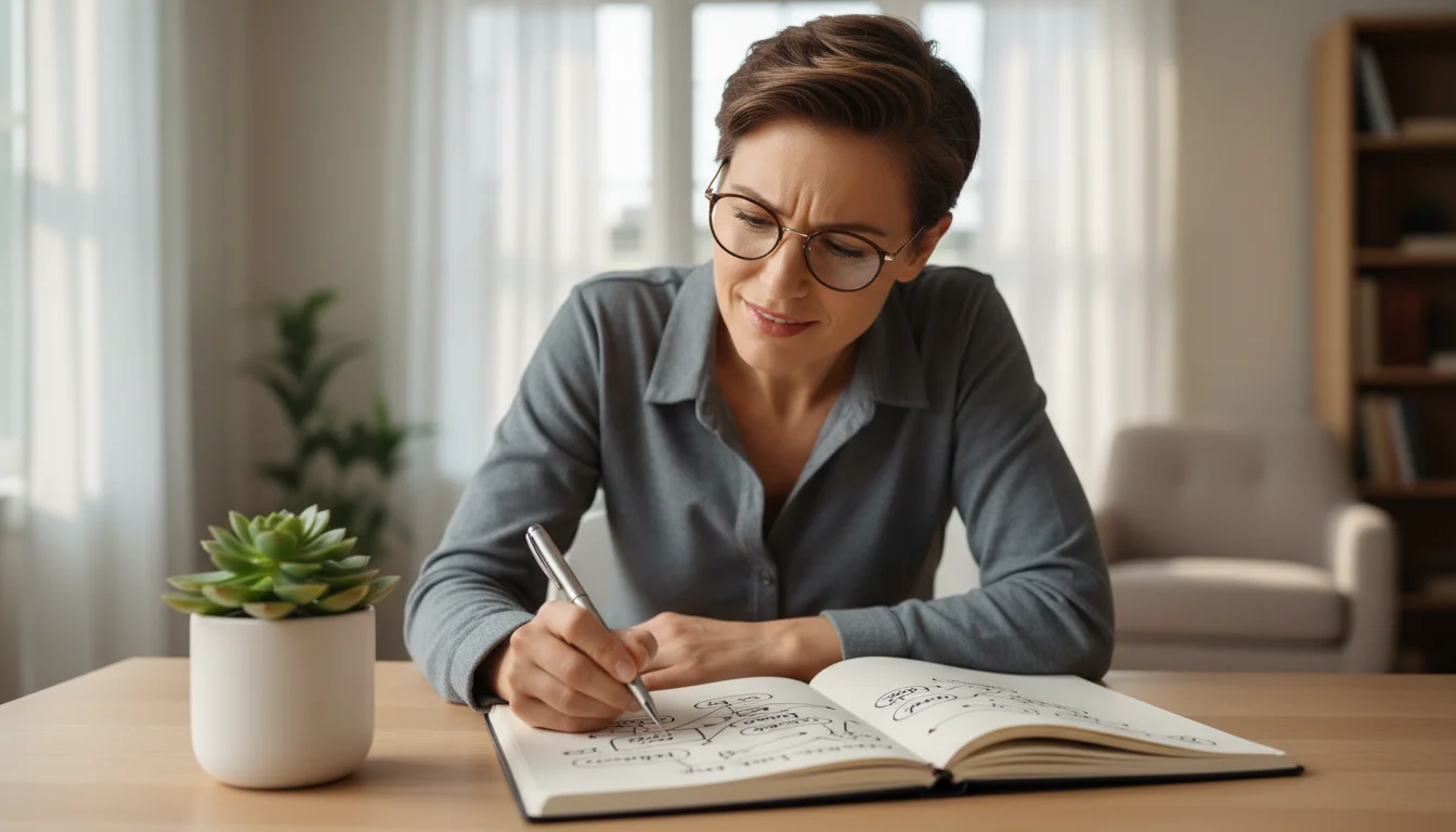 A person drawing connections in a minimalist notebook on a clean desk, with a small thriving plant nearby and a focused expression.