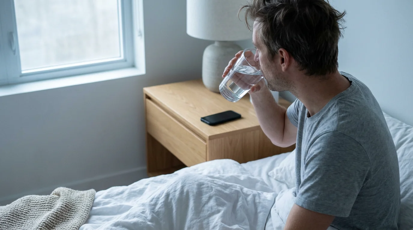 Person drinking water in bed from a nightstand glass, ignoring their smartphone.