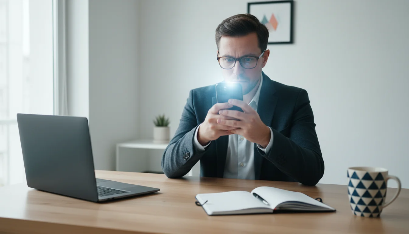 A person engrossed in their smartphone at a tidy desk, their laptop ignored. Screen light illuminates their face.
